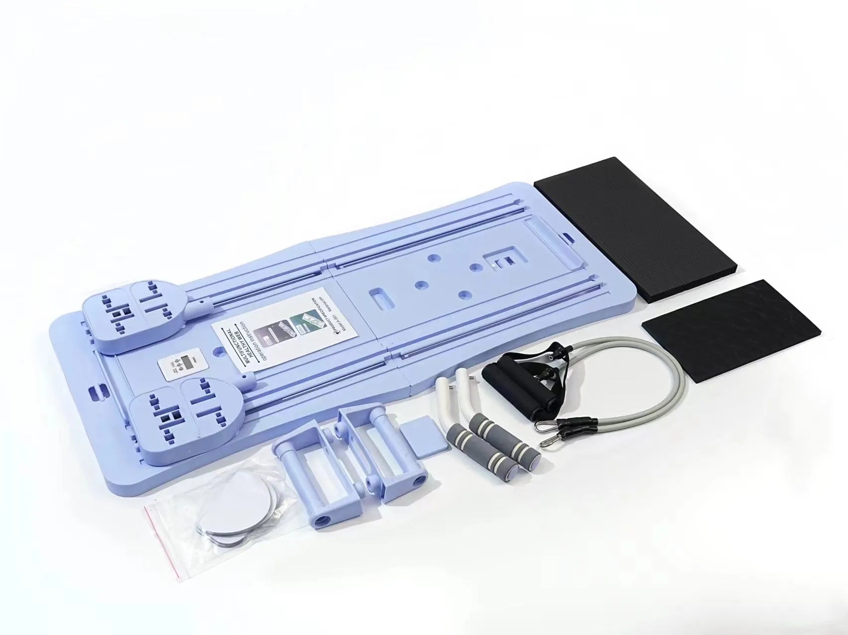 Purple foldable plastic belly panel fitness board on a wood floor.