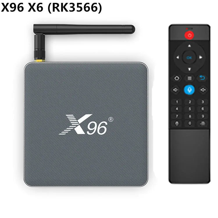 Android smart TV box set-top unit with remote control on a wooden table
