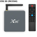 Android smart TV box set-top unit with remote control on a wooden table