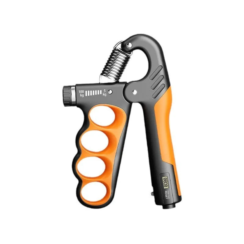Orange electronic counter spring grip for hand strength training on a grey background.
