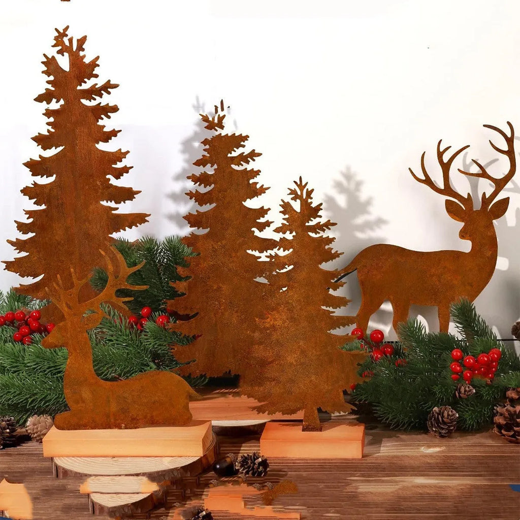 Set of three rustic metal Christmas tree ornaments featuring elk designs in weathered iron finish.