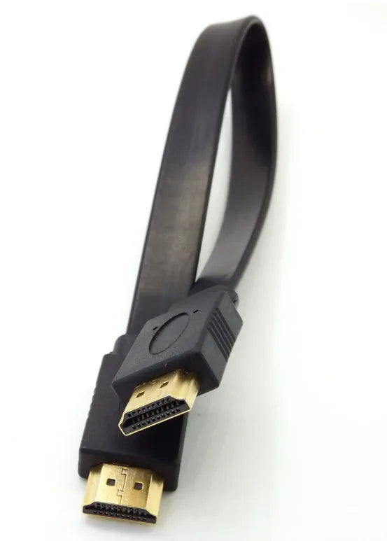 Flat black HDMI cable with male connectors shown alongside length options from 0.3m to 10m