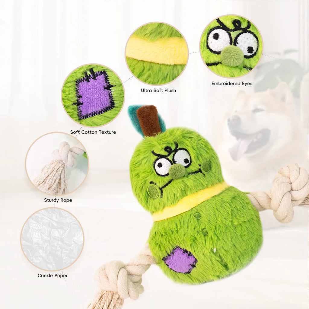 Green and purple interactive dog toy with plush centre and knotted rope tug-of-war arms
