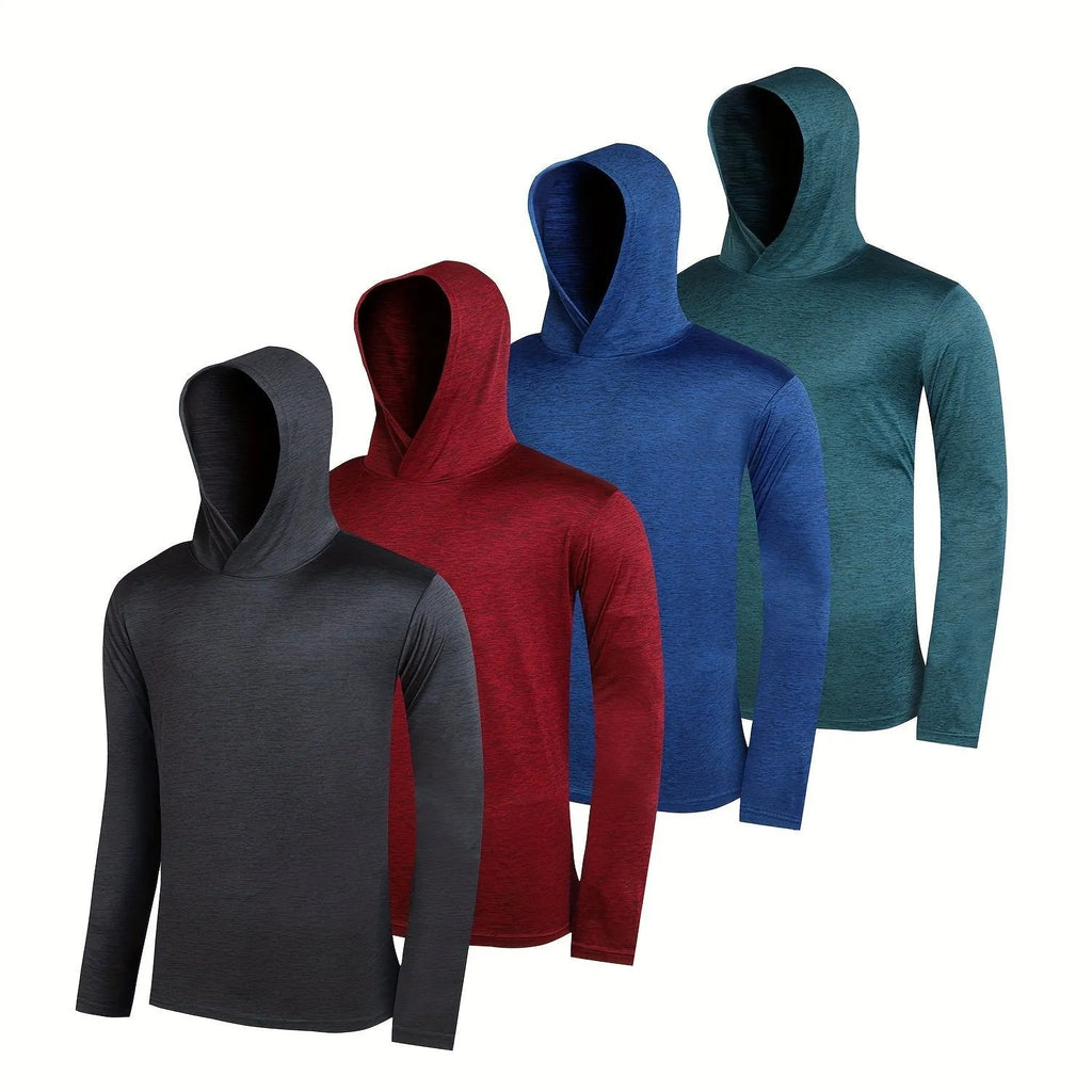 A stack of four men's lightweight polyester hoodies in various colours, showing both hooded and non-hooded styles.
