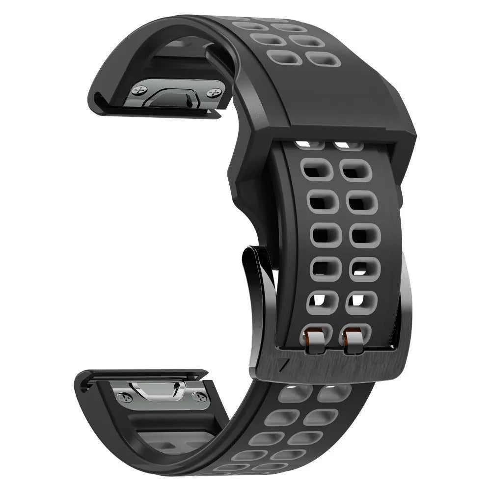 Two-colour silicone quick release watch strap with pin buckle in black and orange combination