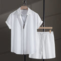Men's black cotton blend jacquard short sleeve shirt and matching shorts casual suit