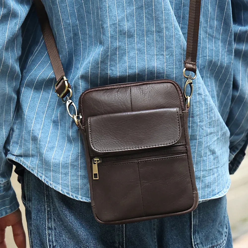 Men's brown genuine leather crossbody shoulder bag with sewing-line detailing