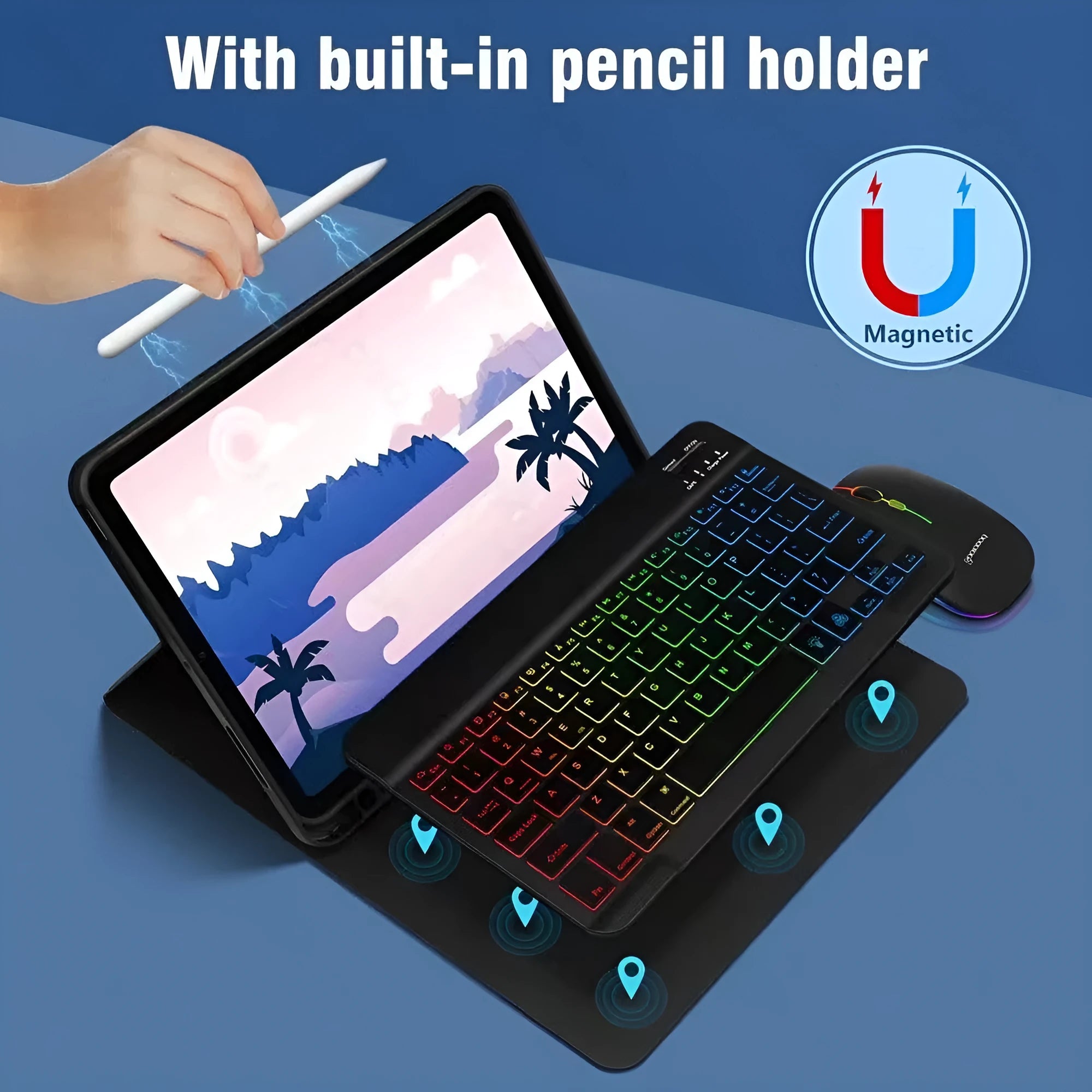 iPad leather protective case with built-in luminous RGB backlit Bluetooth keyboard and optional mouse in various colours.