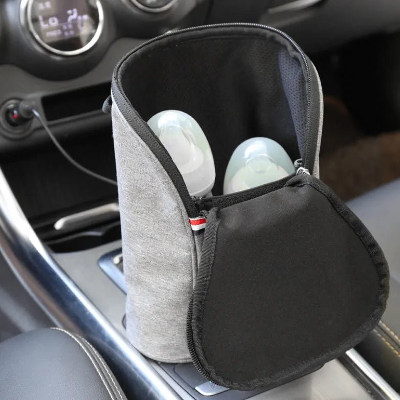 Grey Oxford cloth car USB baby bottle warmer with electronic temperature display and carry handle