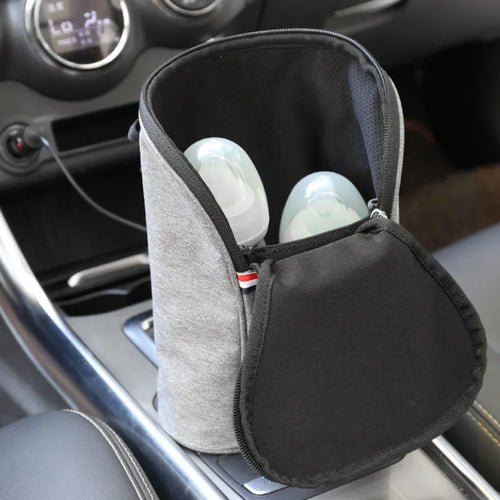 Grey Oxford cloth car USB baby bottle warmer with electronic temperature display and carry handle