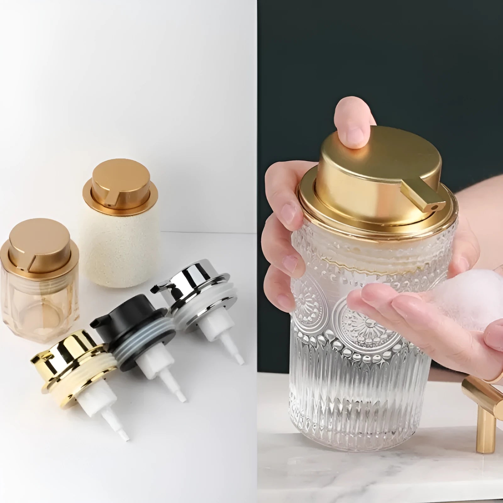 ABS plastic facial cleanser foam pump dispenser with large head in metallic finish