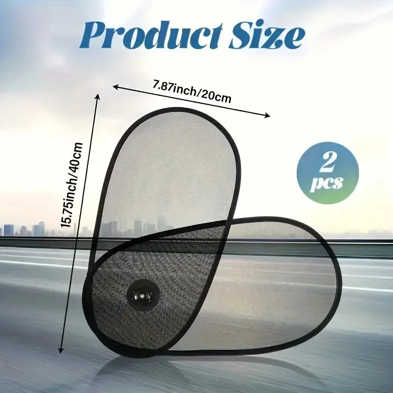 Breathable car window shade stretched on side window with suction cups visible