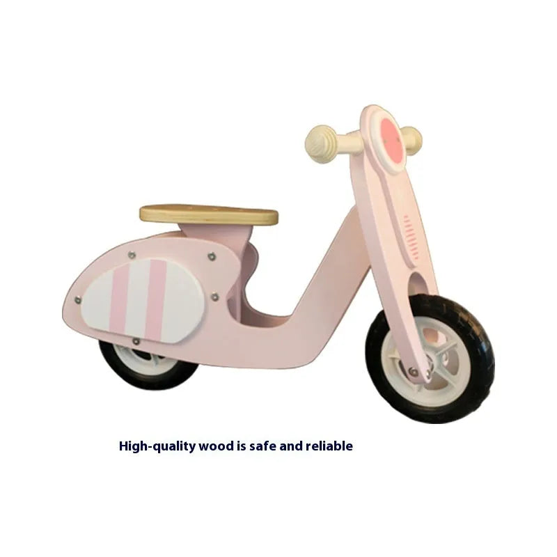 Pink wooden toddler balance scooter for children aged 1-6 years with 10-inch size