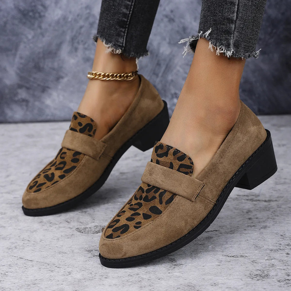 Leopard print slip-on suede pumps with chunky mid-heel in three colour options