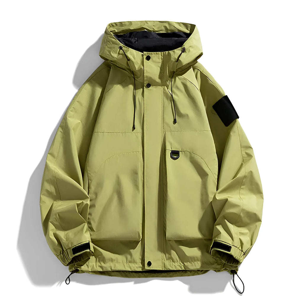 Men's black windproof waterproof hooded jacket in polyester blend fabric