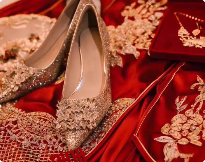 Champagne wedding shoes with rhinestone fragmented flower pattern and pointed toe