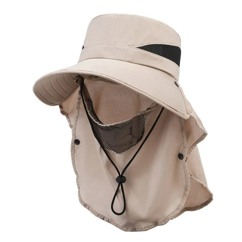 Men's adjustable wide-brim polyester fisherman sun hat in khaki colour