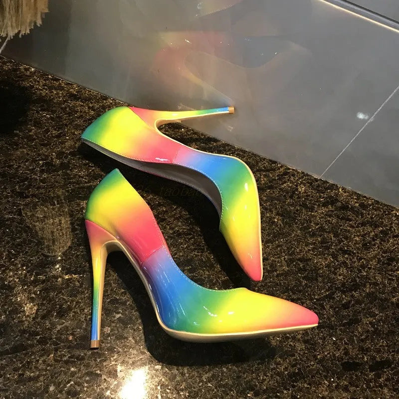 Rainbow patent leather women's high heels with pointed toe and ultra-high thin stiletto heel.