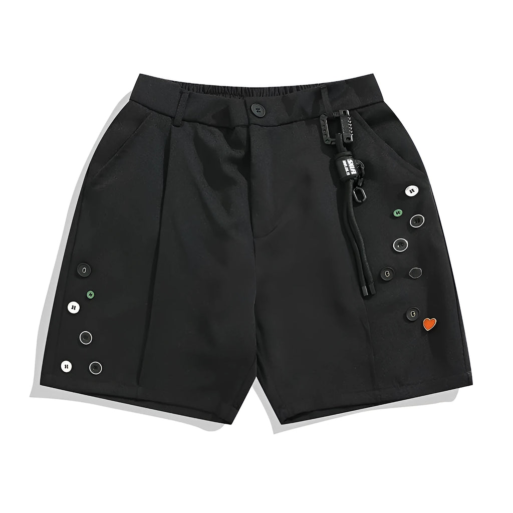 Black men's semi-elastic shorts with a colour button, loose straight-leg cut, and zip fly.