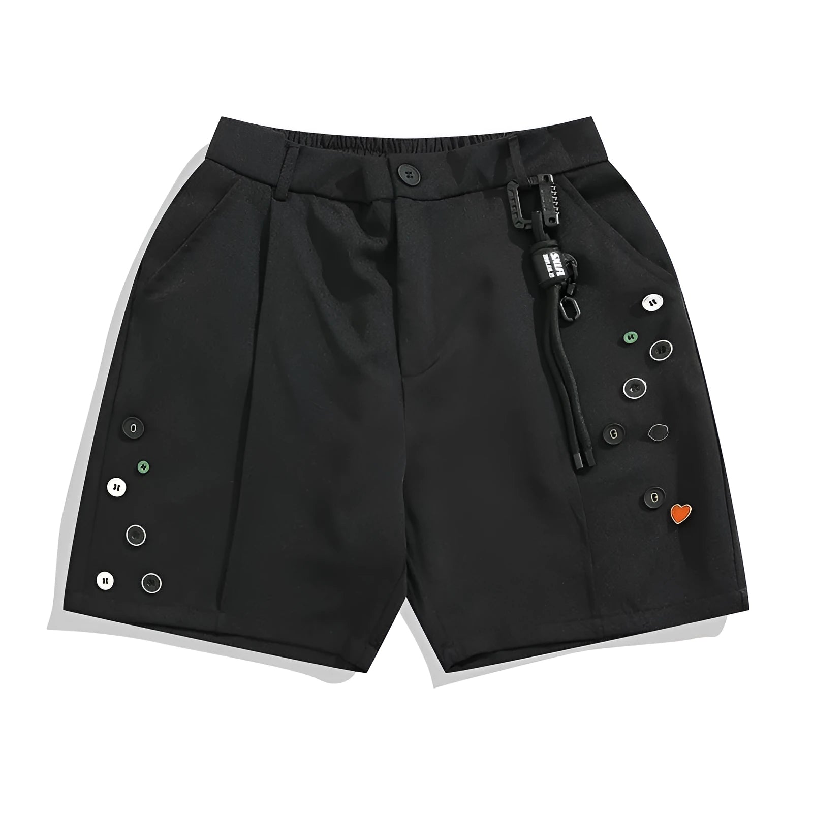 Black men's semi-elastic shorts with a colour button, loose straight-leg cut, and zip fly.
