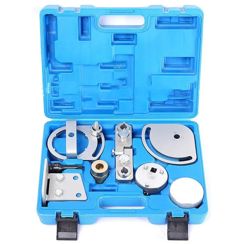 Volvo T6 3.0 3.2 engine timing tool kit with eight carbon steel alignment tools on a workbench.
