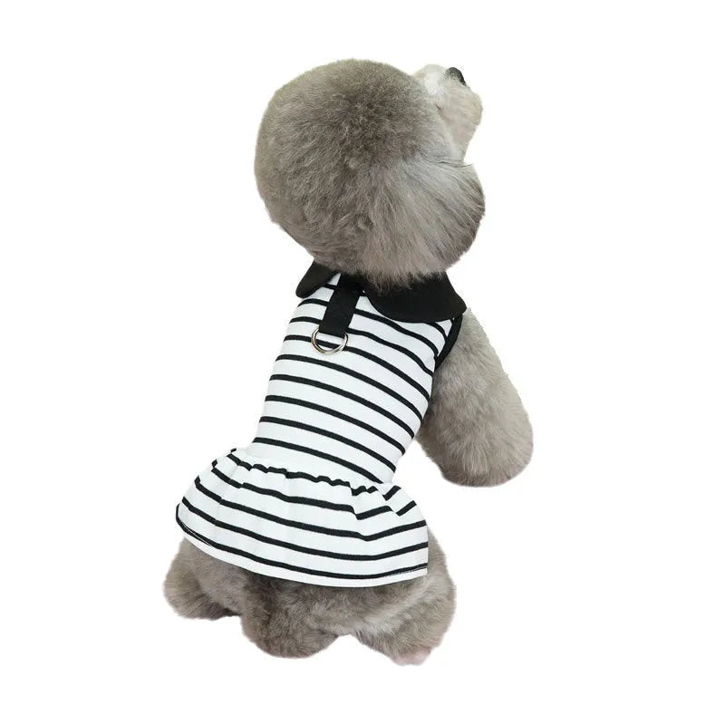 Pet dog wearing pink stripes cotton T-shirt and skirt summer outfit set