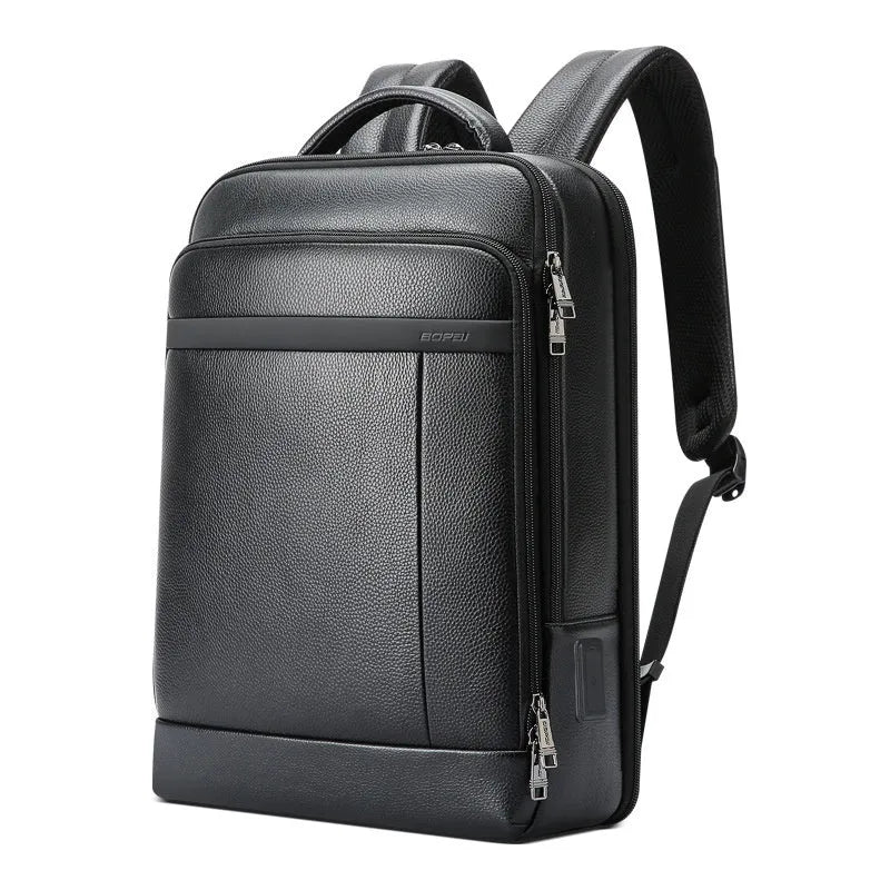 Black genuine cowhide leather business backpack with USB interface and curved shoulder straps