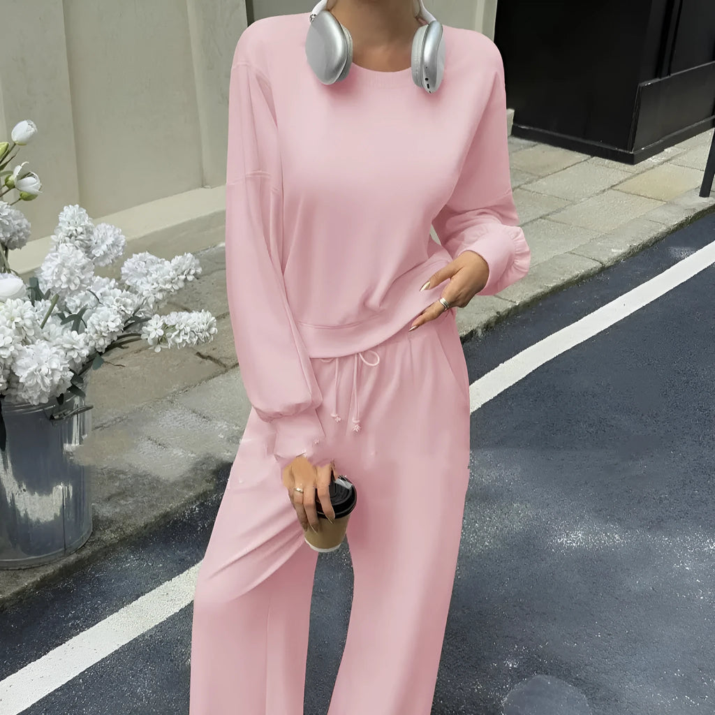 Women's polyester two-piece trousers set in solid colours with long sleeves
