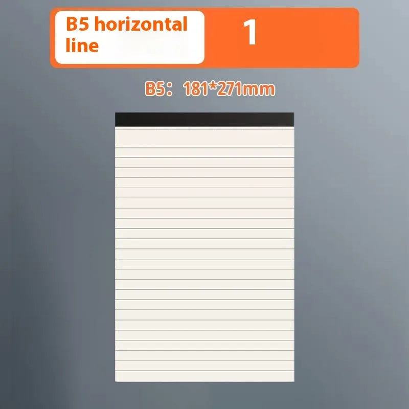 A5, B5, and A4 writing pads with tearable pages in blank, grid, and lined rulings