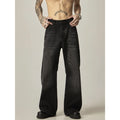 Black retro straight-leg jeans with zip fly opening and loose fit on size chart