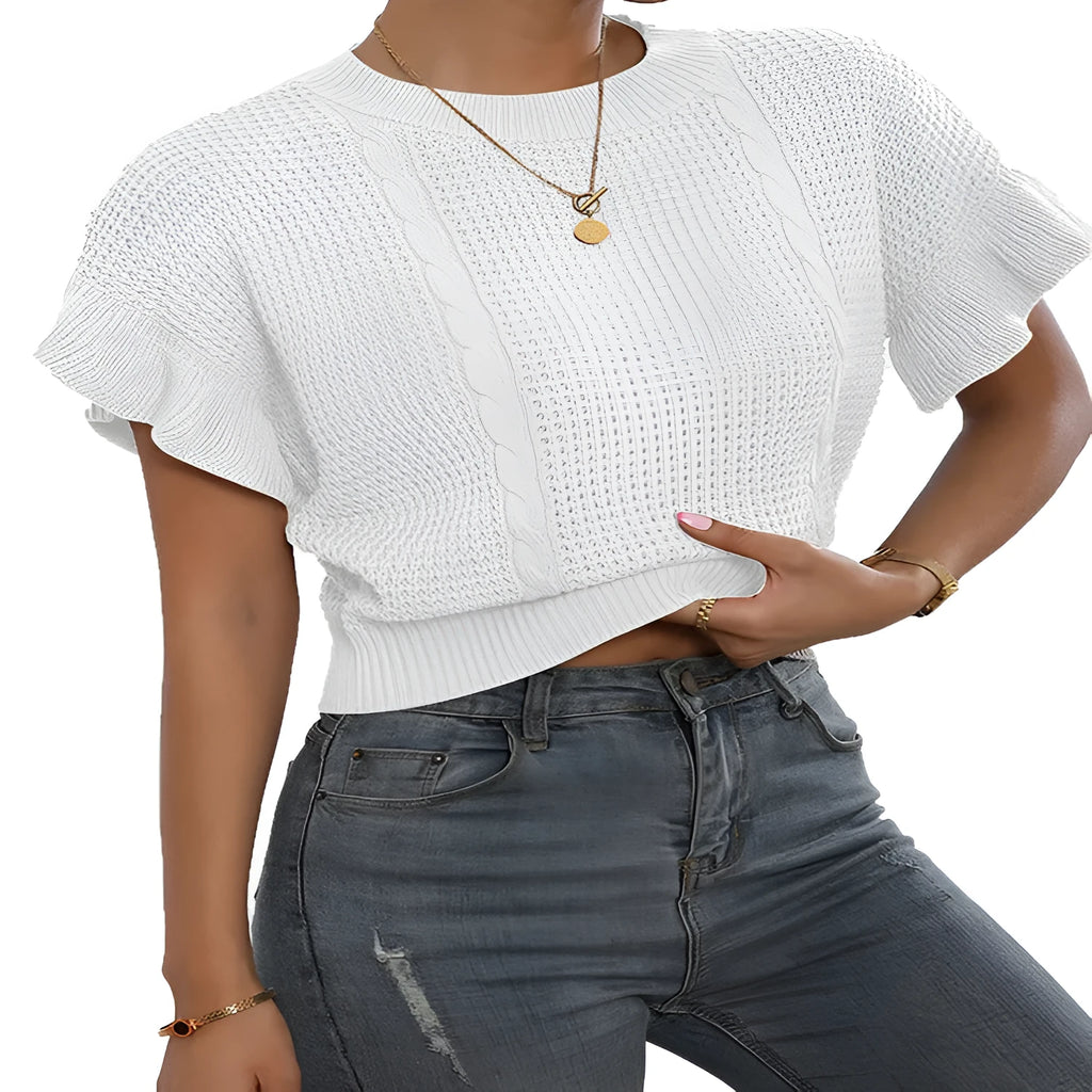 White knitted pullover sweater with 3D twisted string pattern and ruffled short sleeves on a hanger.