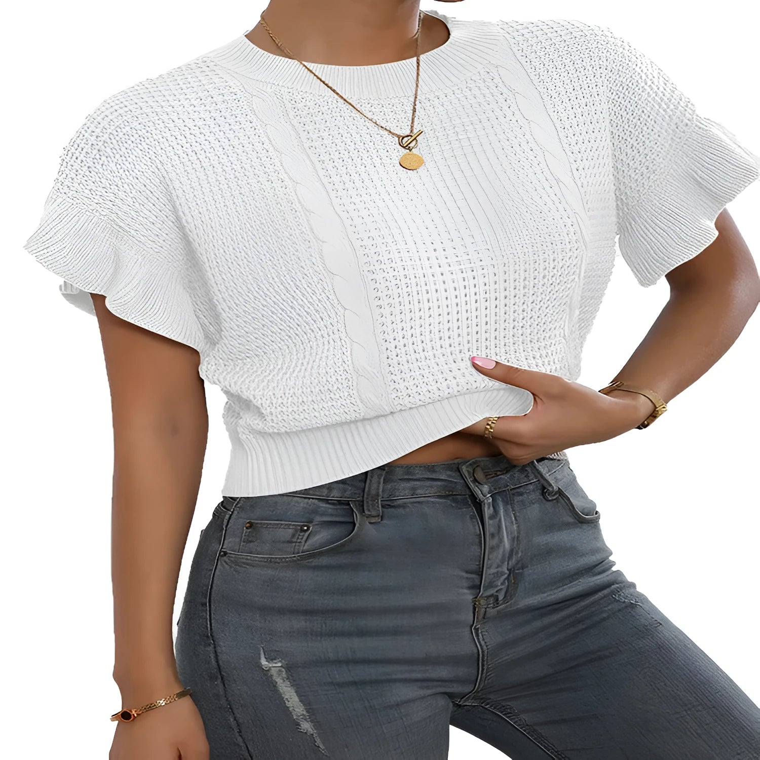 White knitted pullover sweater with 3D twisted string pattern and ruffled short sleeves on a hanger.