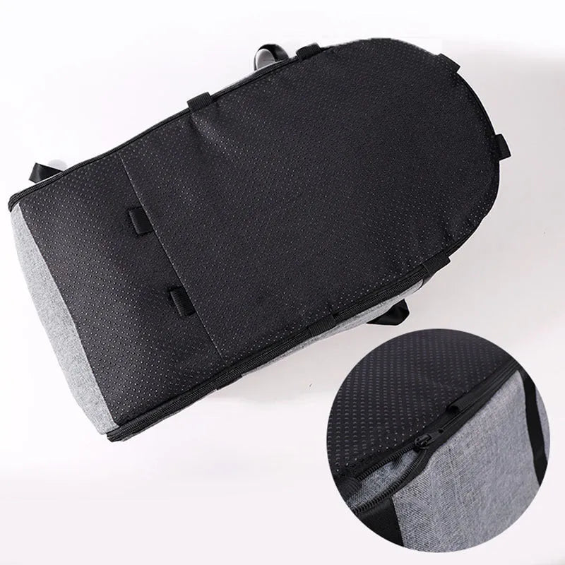 Outdoor cloth dog kennel shown in grey mesh, suitable for car and garden use across all four seasons.