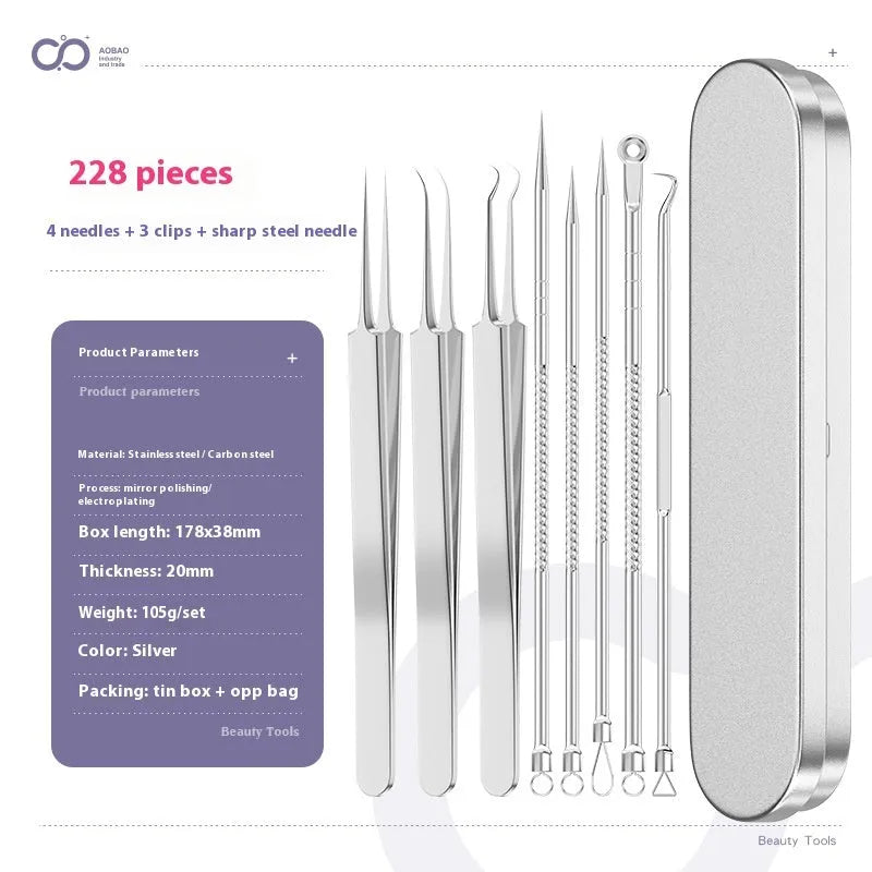Four metal acne needles with ultra-fine pointed tips on a clean background.