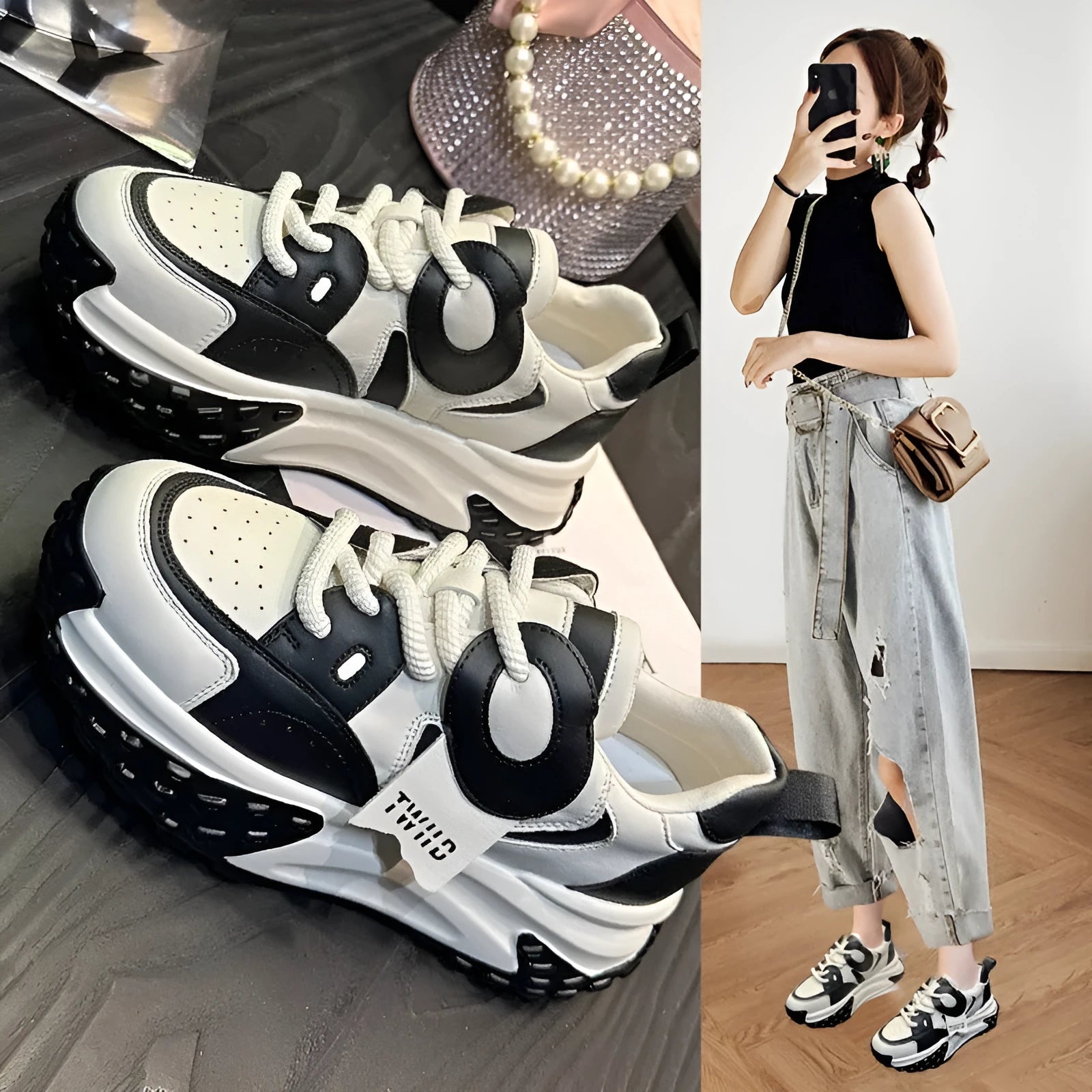 A pair of thick-soled leather casual shoes with a wedge heel and round toe in a lace-up design.