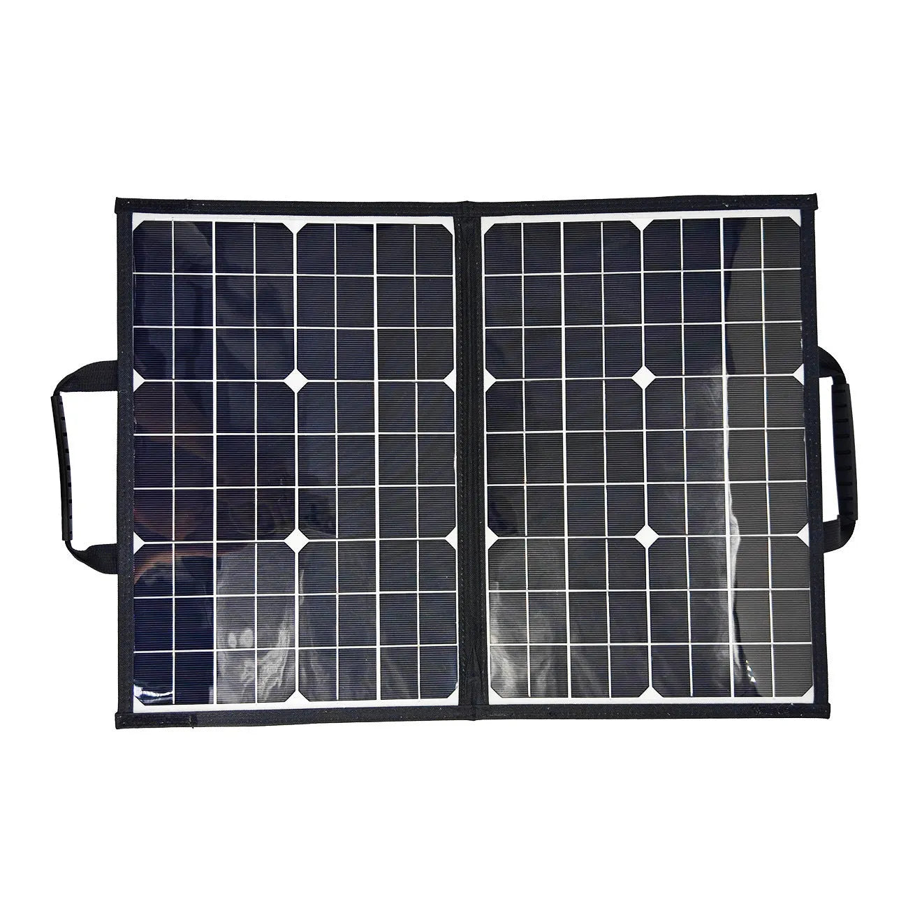 Black 40W single crystal solar panel inside a folded portable bag for outdoor charging