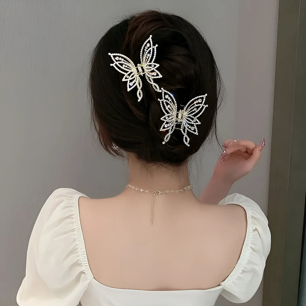 Butterfly design women's hair clip barrette in alloy with pearl or rhinestone style options