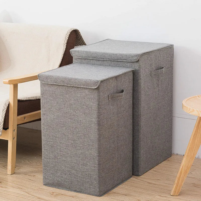3D foldable clothes storage basket in cotton linen fabric, grey colour, medium size