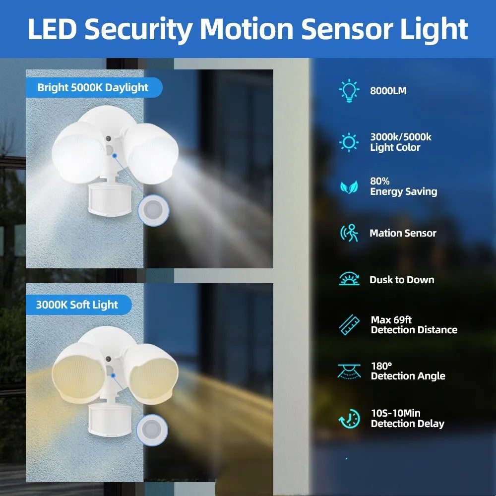 White 120V LED security flood light with motion sensor for outdoor courtyard and garage installation