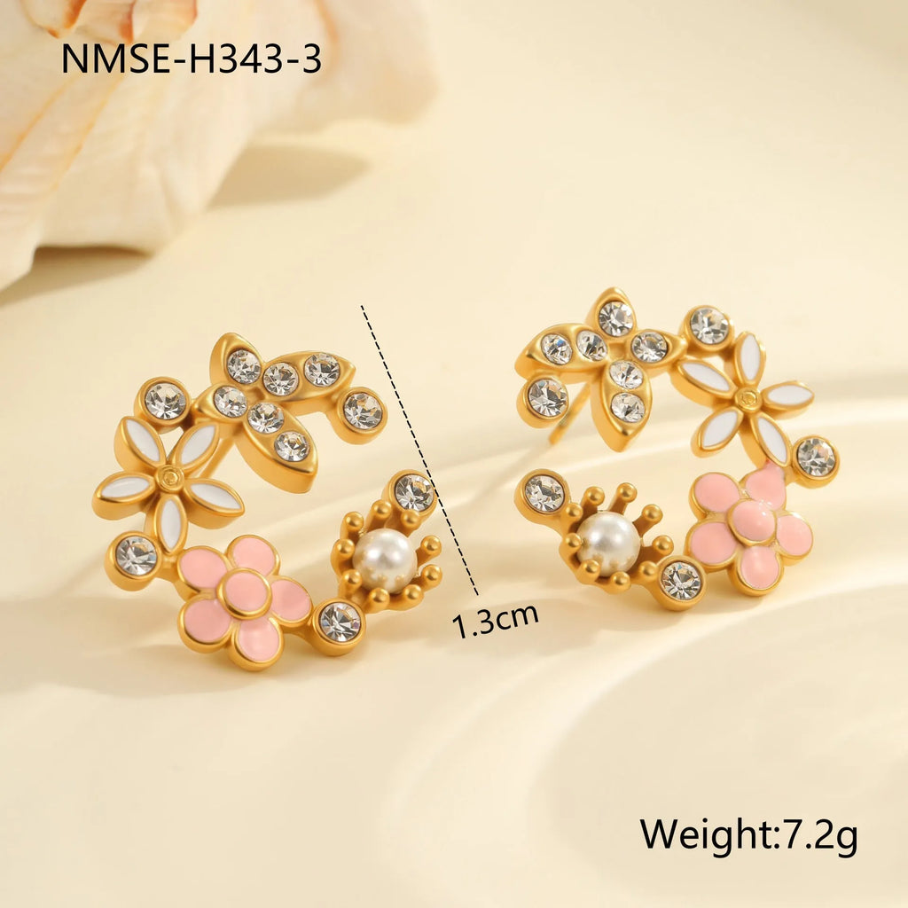 Women's floral stud earrings with petal design in electroplated finish on stainless steel