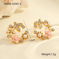 Women's floral stud earrings with petal design in electroplated finish on stainless steel