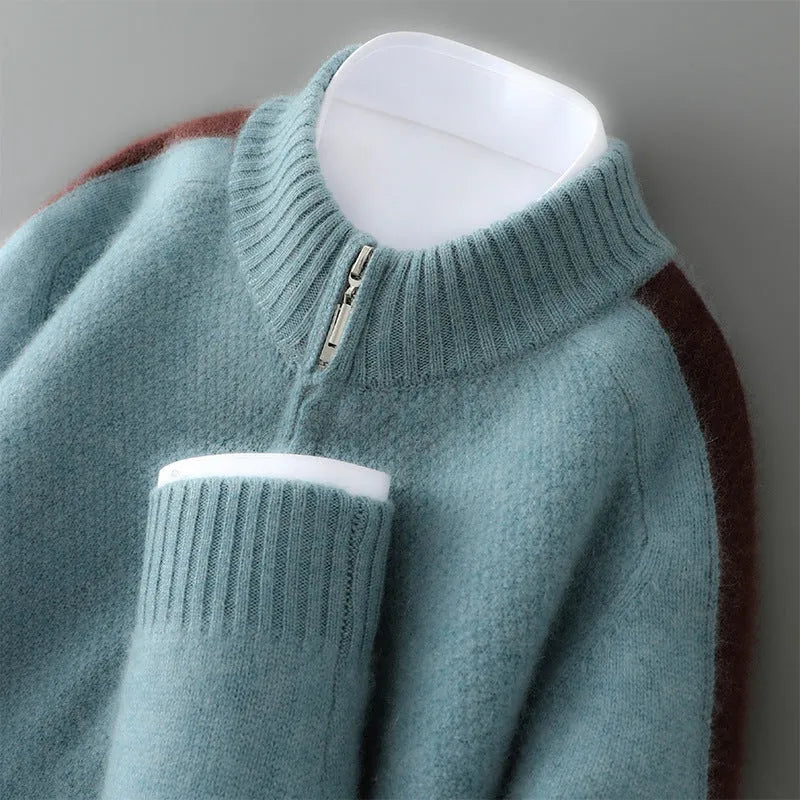 Sheep wool slim fit sweater with half-height zip in Raw Velvet Camel colour on hanger
