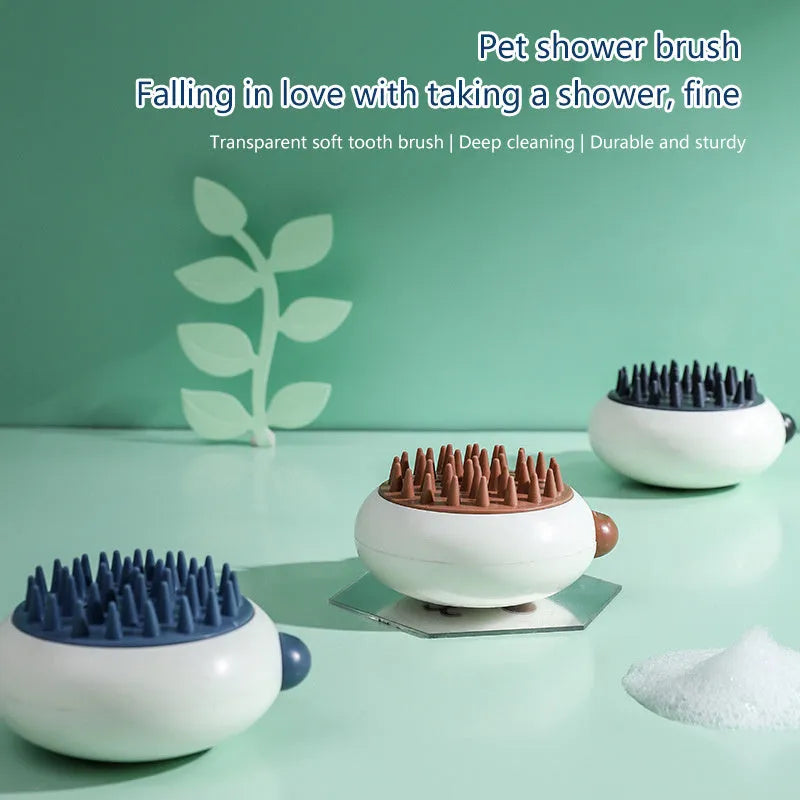 Panda-shaped silicone pet bath brush with soft bristles for cats and dogs.