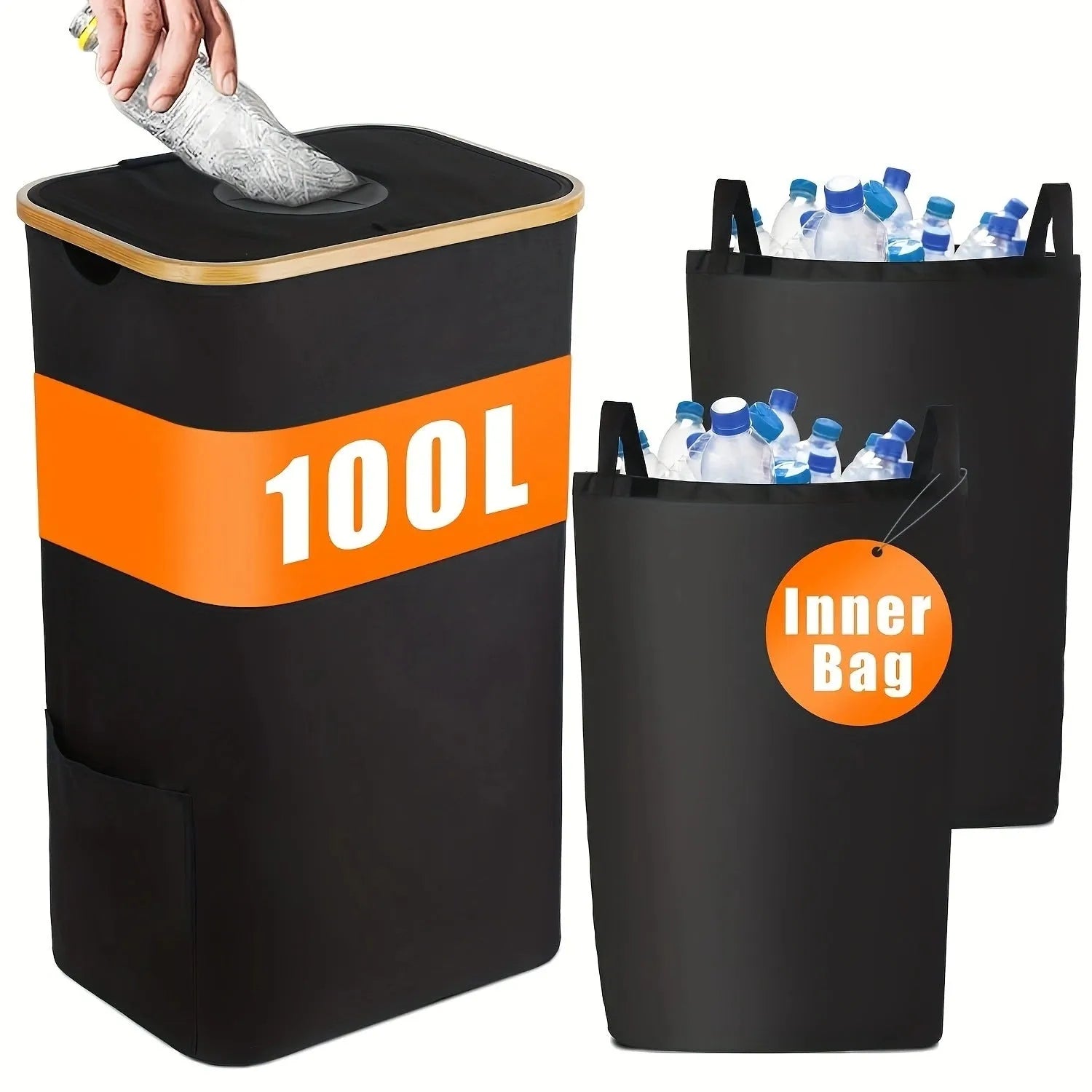 Black bamboo oxford cloth storage basket with removable lid and double inner pockets for household organisation