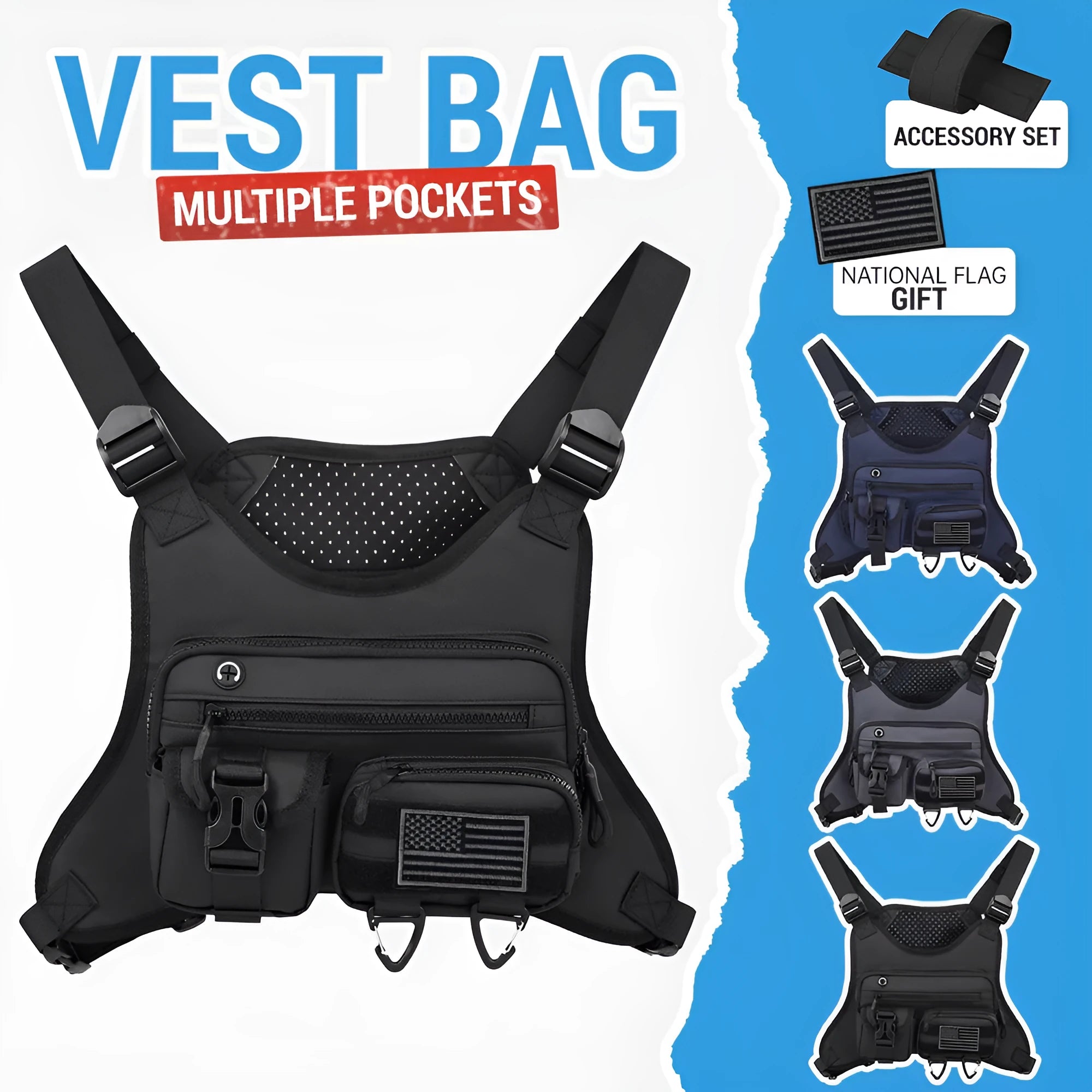 Men's black Oxford cloth chest bag worn as a vest, showing sewing line details and buckle closures.