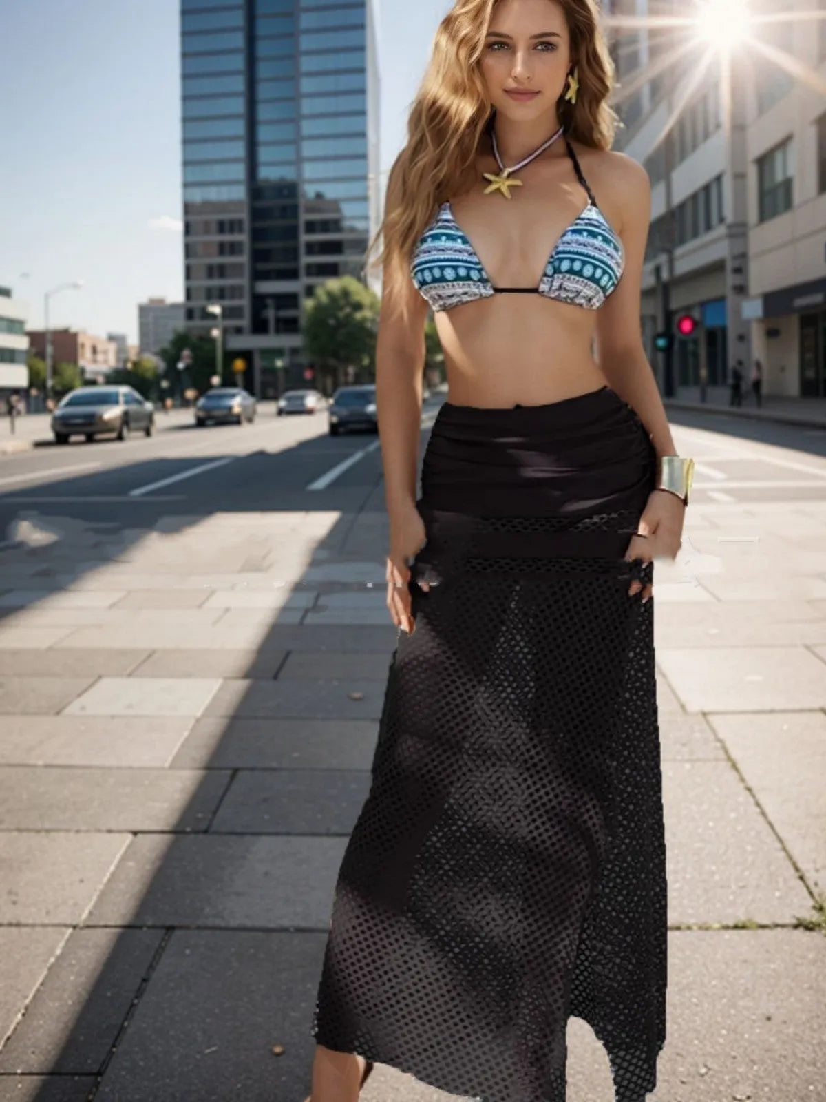 Women's gradient fishnet long skirt bikini three-piece set in European-American style