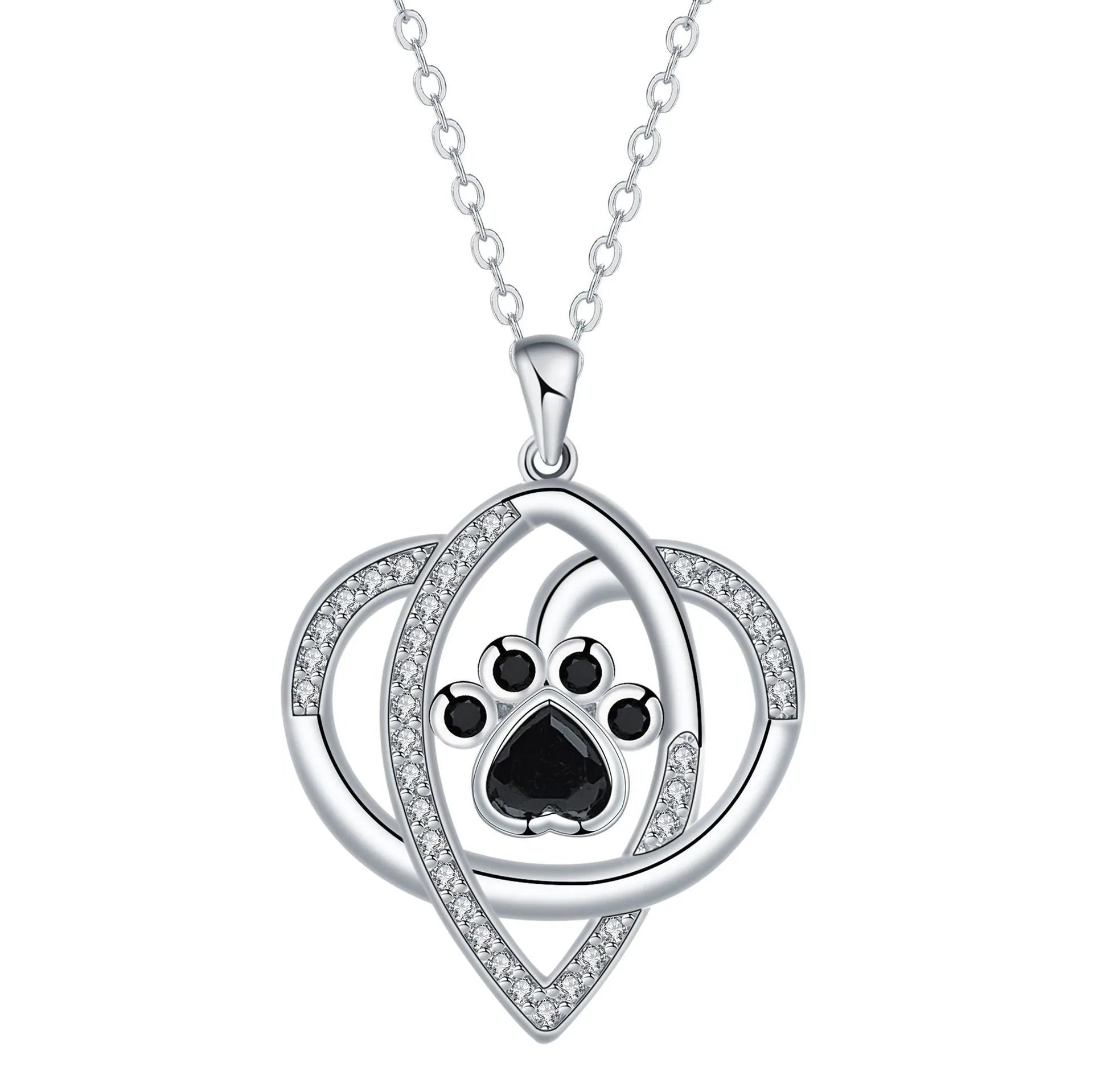 Silver tone dog and cat paw print necklace with cross chain design