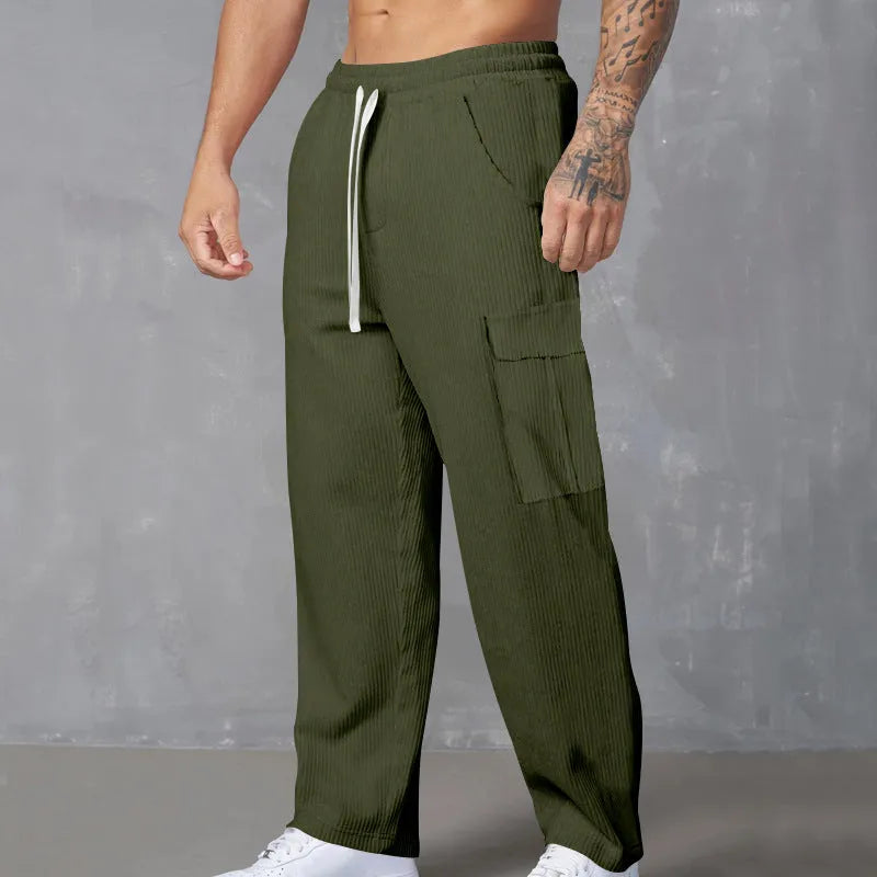 Men's corduroy cargo trousers in wide-leg straight fit with drawstring waist in multiple colour options