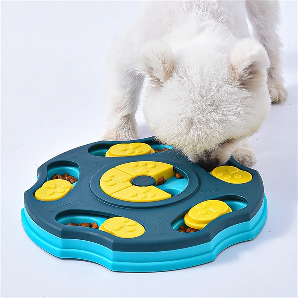 Blue and pink dog puzzle feeder toy with food compartments for interactive play and slow feeding