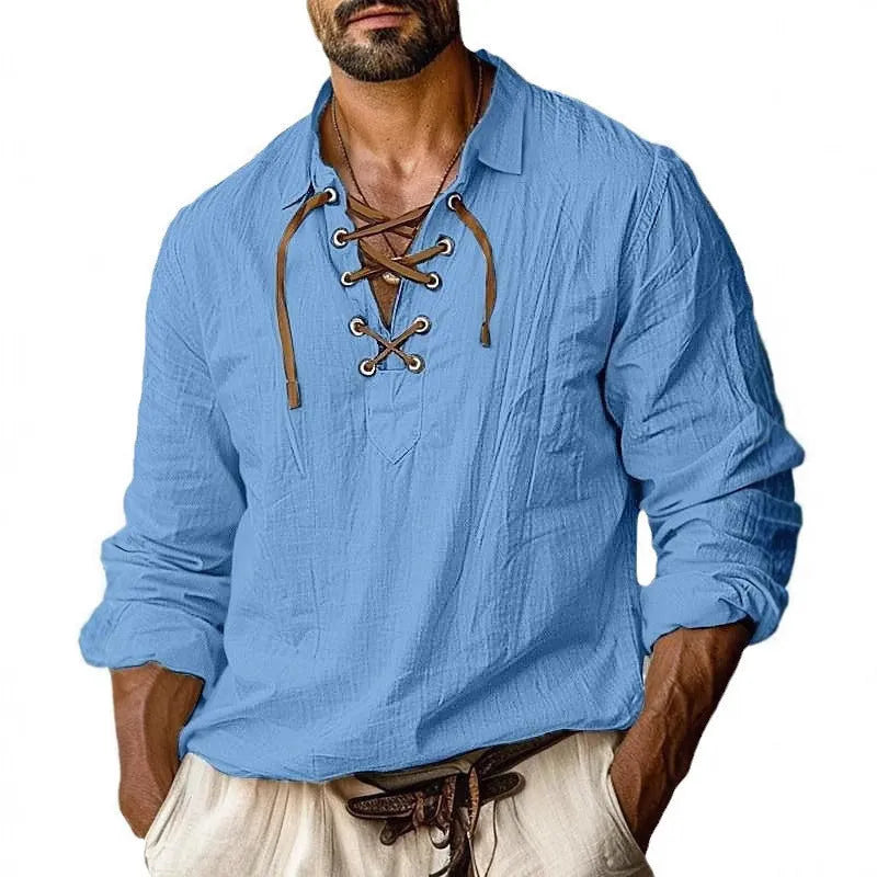 Men's plus size loose fit linen shirt with lapels and long sleeves in a solid colour.